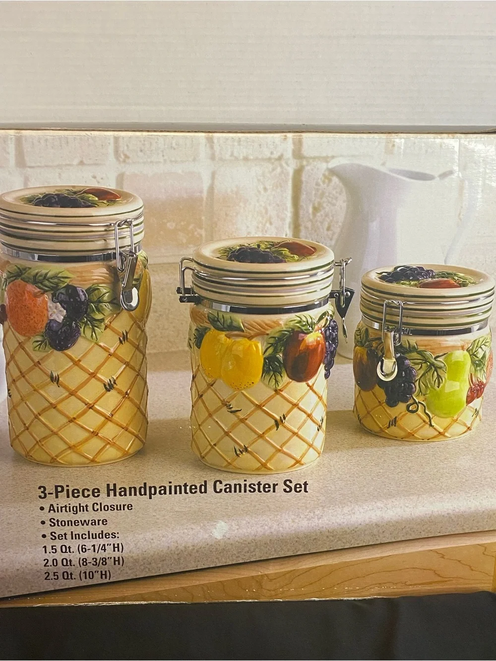 Vintage Gourmet 3 Piece Hand Printed Canister Set with Lids NIB Never Used Rare